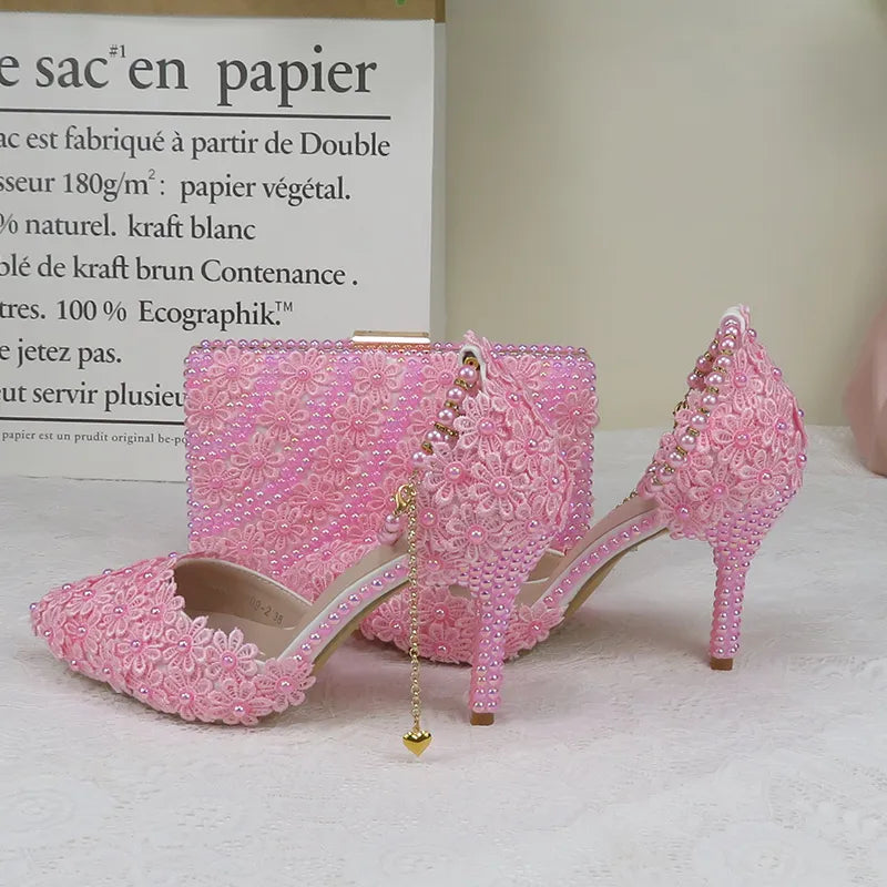 Lovein Crystal Pink Pearl Flower Wedding Shoes With Matching Bags High Heels Pointed Toe Ankle Strap Ladies Party shoe and bag set