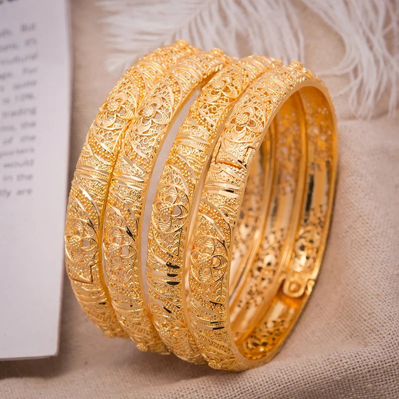 4Pcs Set 24K Dubai Bangle Women Gold Color Jewelry Copper 18 k GF Dubai Bracelet for Women for Occasions wedding bridal