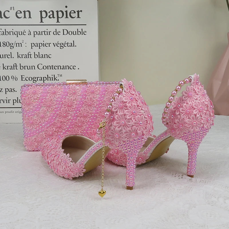 Lovein Crystal Pink Pearl Flower Wedding Shoes With Matching Bags High Heels Pointed Toe Ankle Strap Ladies Party shoe and bag set