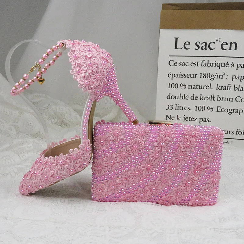 Lovein Crystal Pink Pearl Flower Wedding Shoes With Matching Bags High Heels Pointed Toe Ankle Strap Ladies Party shoe and bag set