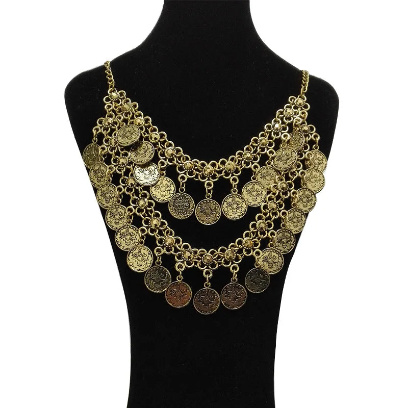 Retro Carved Coin Tassel Statement Necklace Women Boho Double layers Choker Necklaces Pendants New Women Jewelry Collares