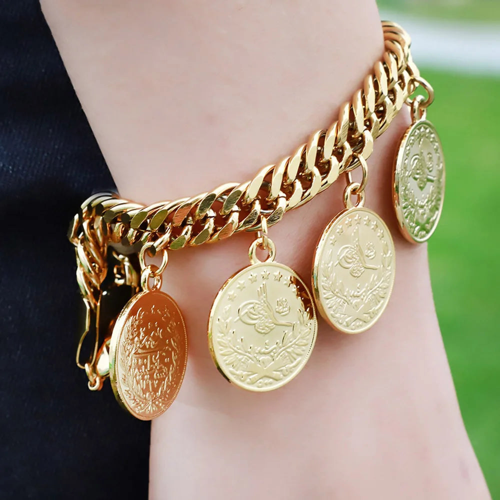 Turkish Couple Round Coin Bracelet Golden Bracelet 21cm Fashion Charm Jewelry for Ocassions