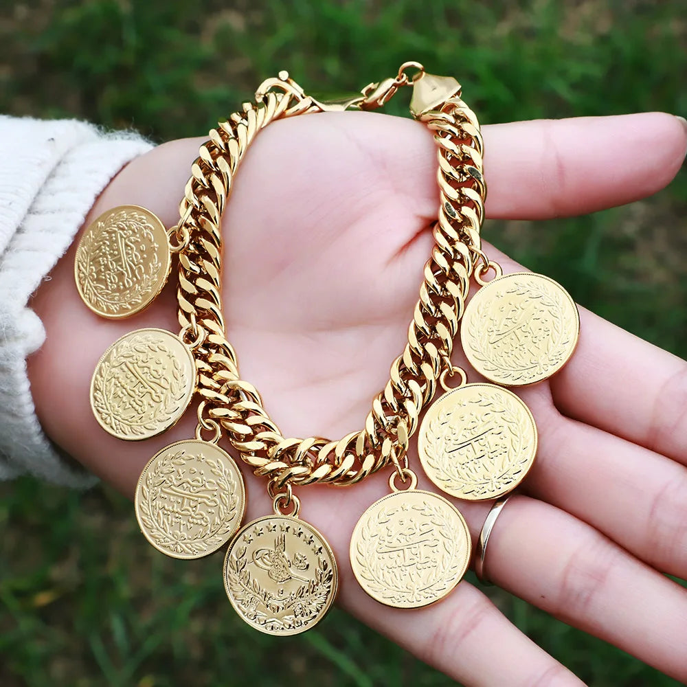 Turkish Couple Round Coin Bracelet Golden Bracelet 21cm Fashion Charm Jewelry for Ocassions