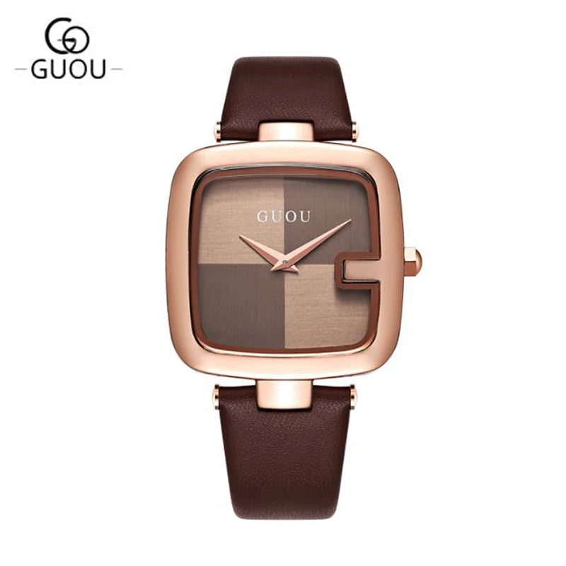 Guou Top Brand Women's Watches Square Fashion Luxury Ladies Bracelet For Women Leather Strap Watch