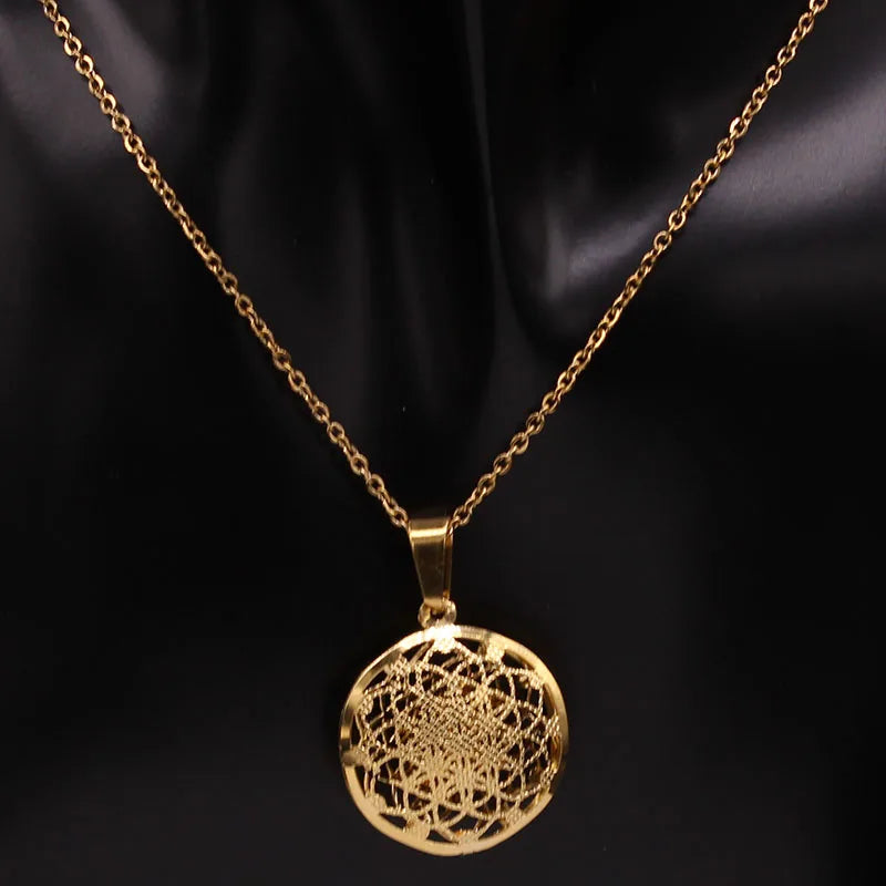 Flower of Life Stainless Steel Jewelry Set Women Hollow Gold Color Necklace Earrings Set Jewelry