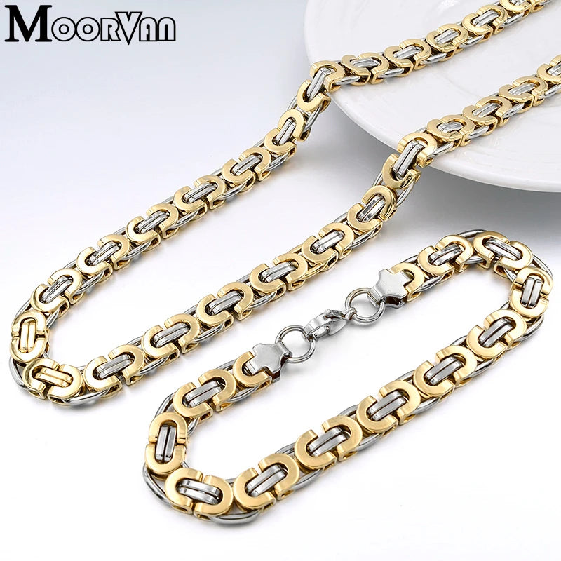 Moorvan Stainless Steel Jewelry Set Fashion Bracelet Necklace Sets 11mm Width Jewelry