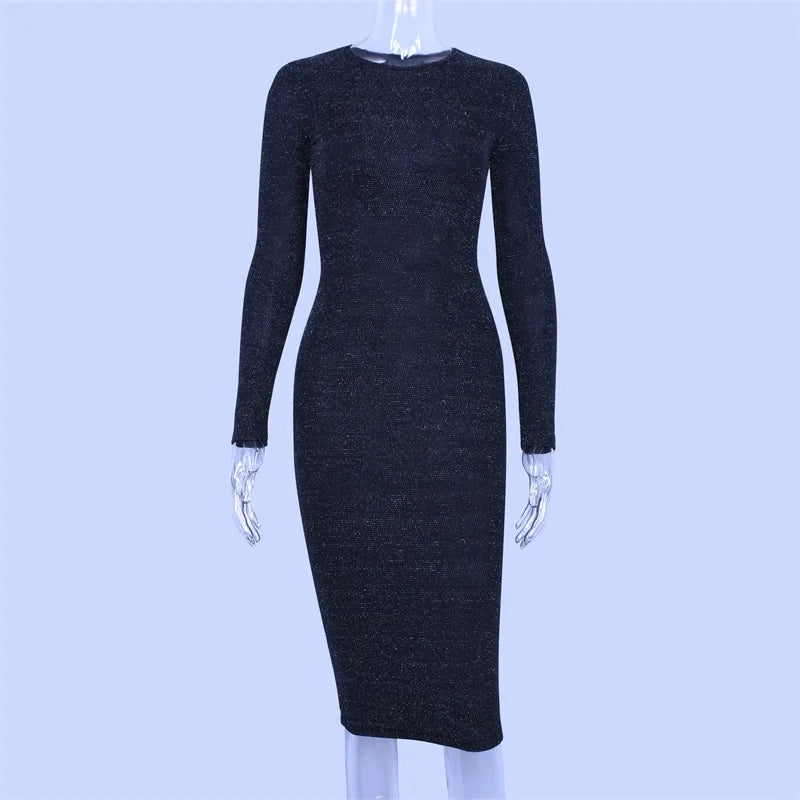 Shiny long sleeve high waist slim midi dress autumn - winter women fashion bodycon party elegant Dress