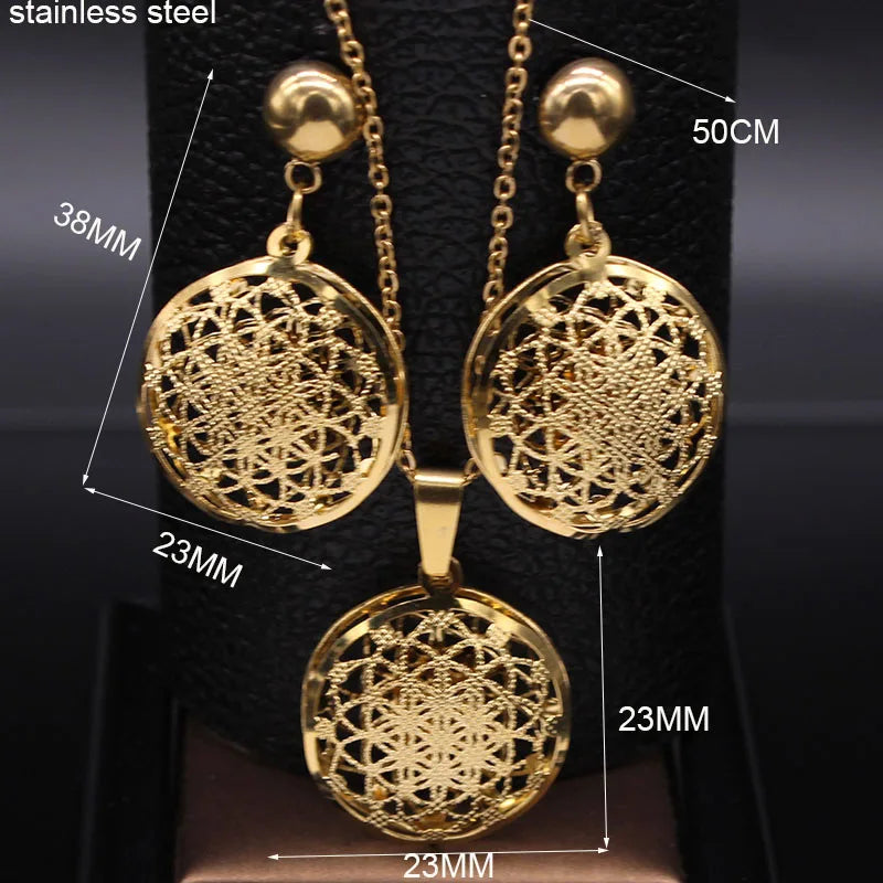 Flower of Life Stainless Steel Jewelry Set Women Hollow Gold Color Necklace Earrings Set Jewelry