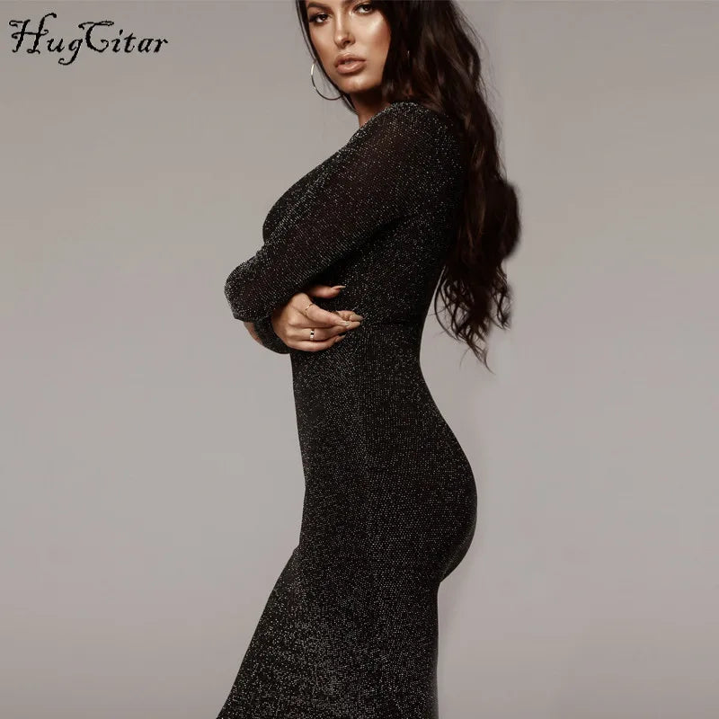 Shiny long sleeve high waist slim midi dress autumn - winter women fashion bodycon party elegant Dress