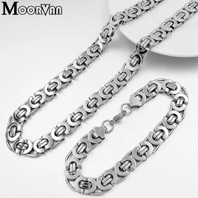 Moorvan Stainless Steel Jewelry Set Fashion Bracelet Necklace Sets 11mm Width Jewelry