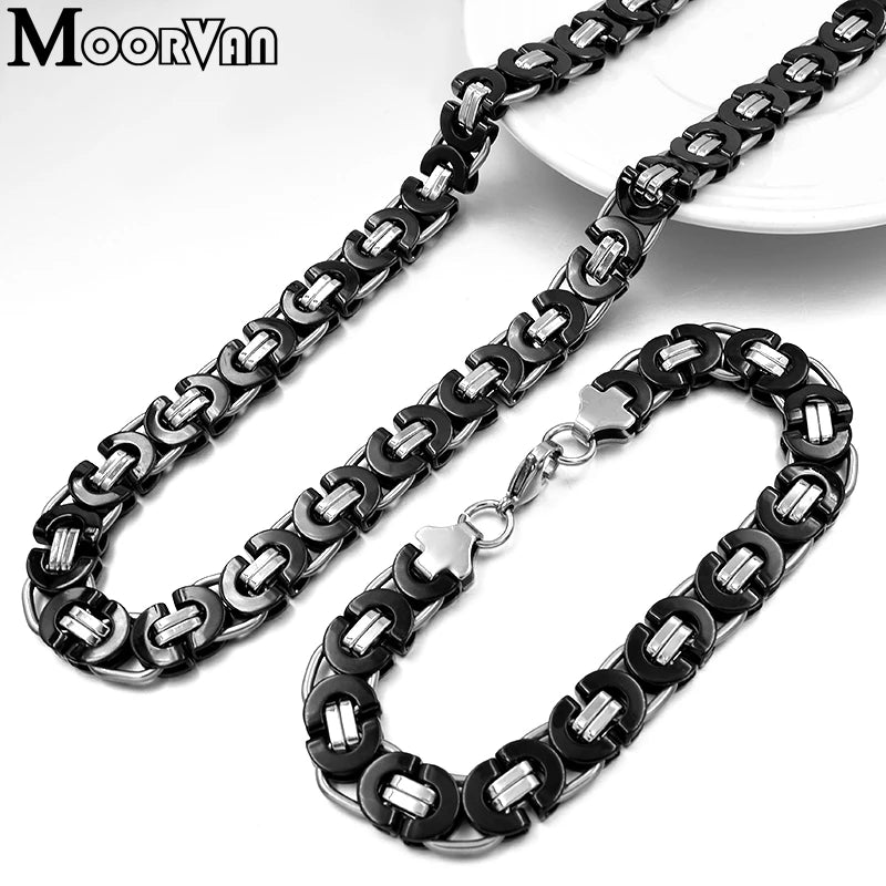 Moorvan Stainless Steel Jewelry Set Fashion Bracelet Necklace Sets 11mm Width Jewelry