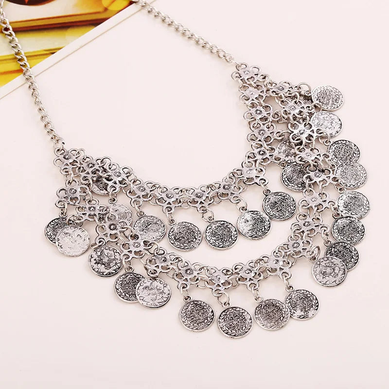 Retro Carved Coin Tassel Statement Necklace Women Boho Double layers Choker Necklaces Pendants New Women Jewelry Collares