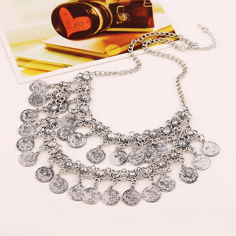 Retro Carved Coin Tassel Statement Necklace Women Boho Double layers Choker Necklaces Pendants New Women Jewelry Collares