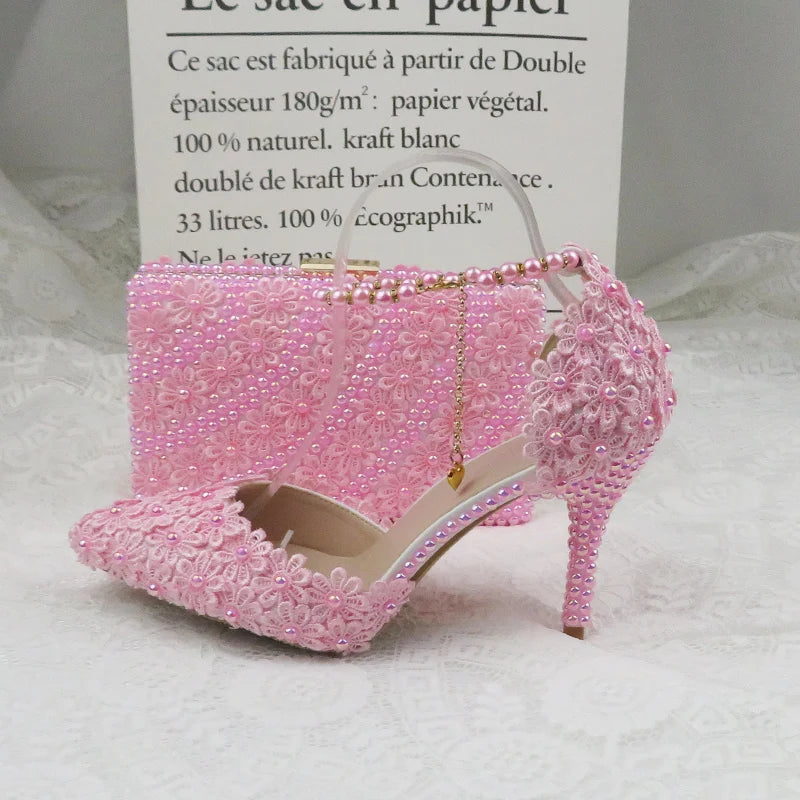 Lovein Crystal Pink Pearl Flower Wedding Shoes With Matching Bags High Heels Pointed Toe Ankle Strap Ladies Party shoe and bag set