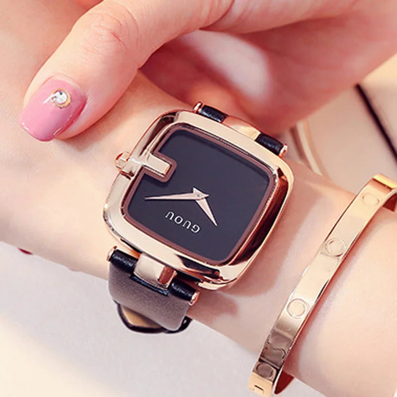 Guou Top Brand Women's Watches Square Fashion Luxury Ladies Bracelet For Women Leather Strap Watch