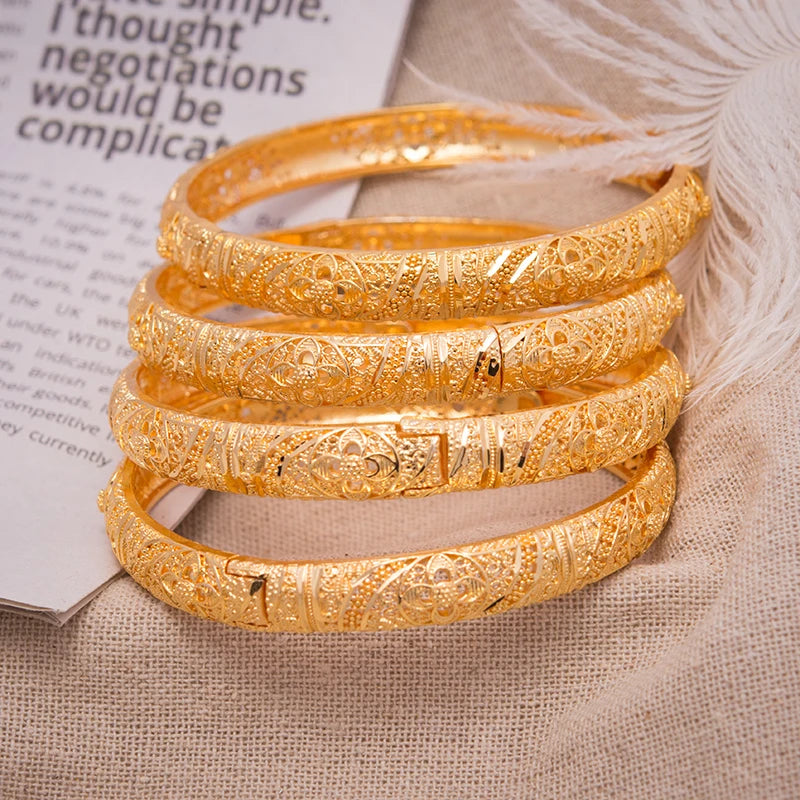 4Pcs Set 24K Dubai Bangle Women Gold Color Jewelry Copper 18 k GF Dubai Bracelet for Women for Occasions wedding bridal