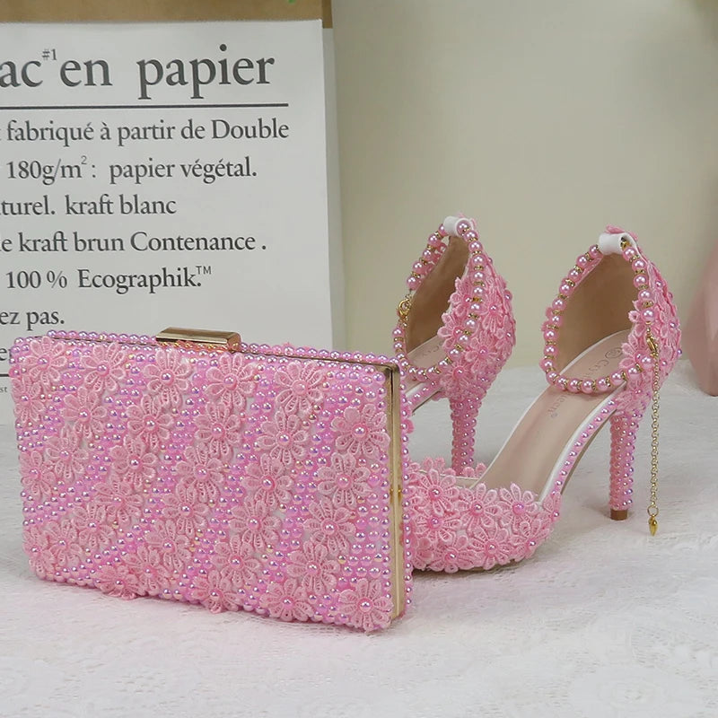 Lovein Crystal Pink Pearl Flower Wedding Shoes With Matching Bags High Heels Pointed Toe Ankle Strap Ladies Party shoe and bag set