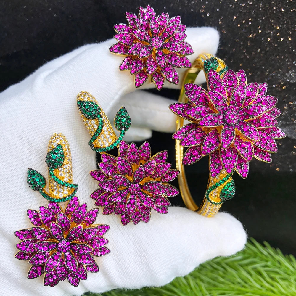 GODKI Luxury Lotus Flower 3PCS Bracelet Ring Earring Set For Women Wedding Bridal Zircon African/Indian/Dubai Bridal Jewelry Set