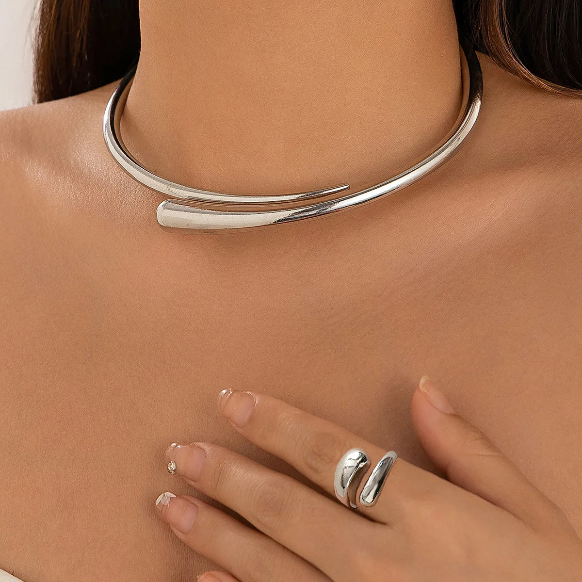 Personalized Spring Open Necklaces Bangles Rings Set For Women Punk Geometric Gold Silver Color Metal New Hip Hop Jewelry Set