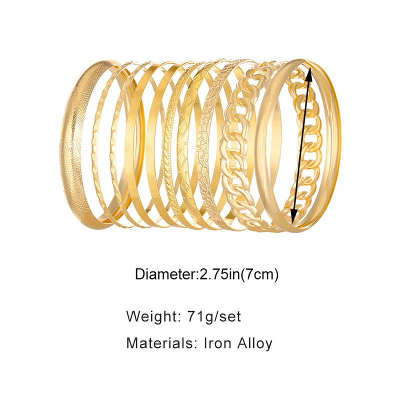 LiFoung 10 Pieces Metal Bangles Set For Women Heavy Style Punk Textured Trendy Fashion Jewelry Classic Occasions Accessories