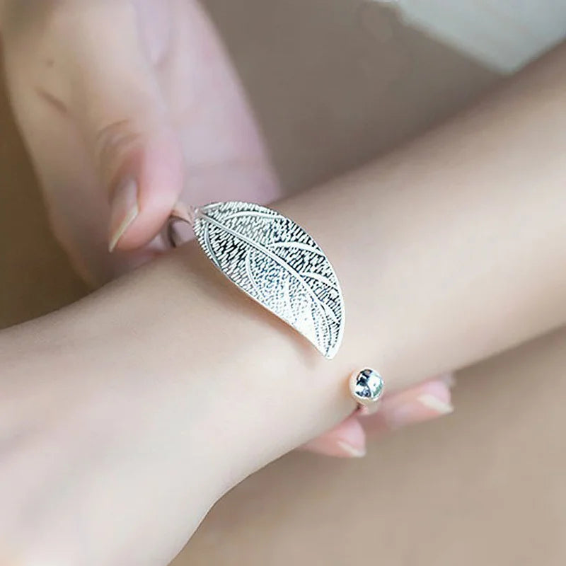 Fashion 925 Sterling Silver Woman Cuff Bracelet Open Leaf Shaped Adjustable Charm Bangle Girls Party Jewelry Christmas