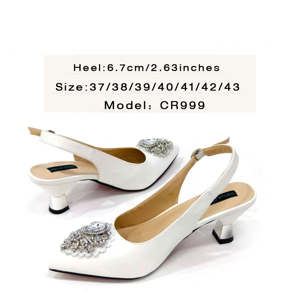 Venus Chan Wedding & Party Pointed Toe Women's Shoes High Heel White Color Rhinestones Party Ladies Shoes And Bag Set