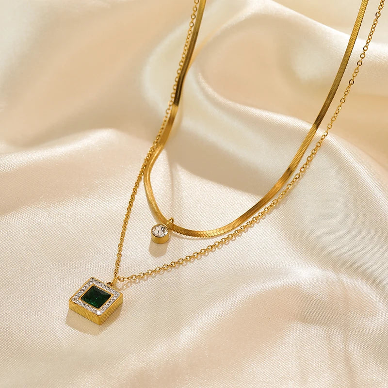 EILIECK Stainless Steel Geometric Zircon Crystal Pendant Necklace Fashion Waterproof Neck Chain Jewelry