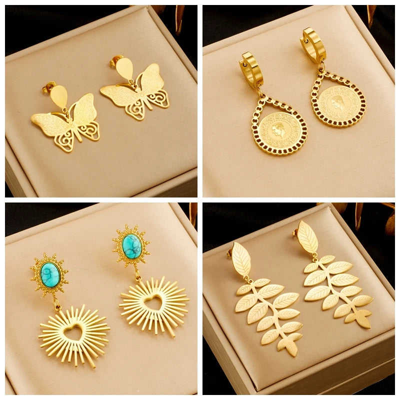 DIEYURO 316L Stainless Steel Heart Butterfly Leaf Drop Earrings For Women Girl Fashion Anti-rust Ear Jewelry