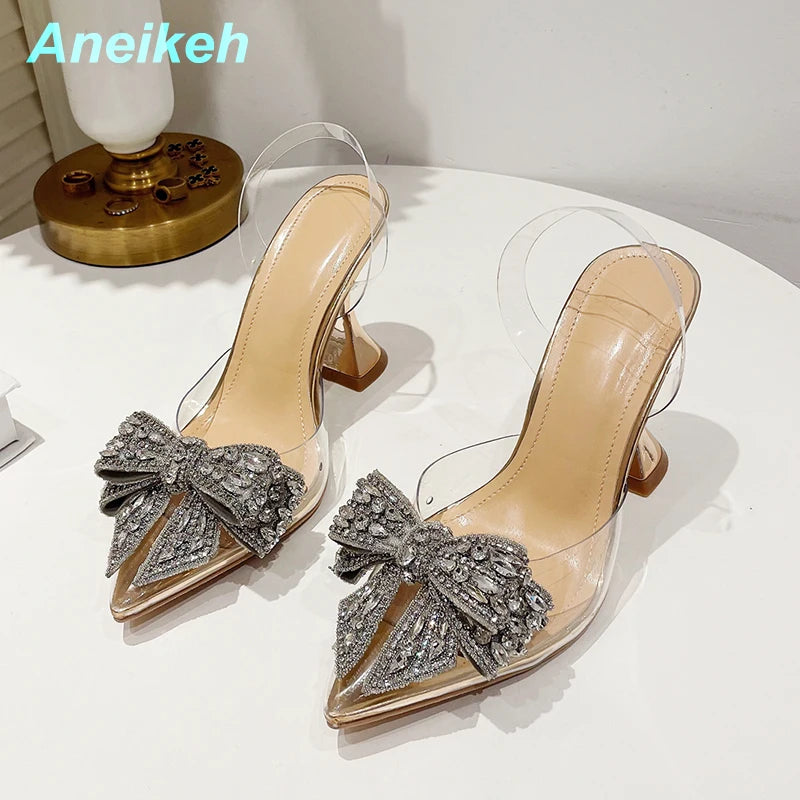 Aneikeh Summer Women Fashion Shoe Sexy High Heel Ankle Slingbacks Buckle Strap Pointed Toe Butterfly-Knot Decoration Pumps