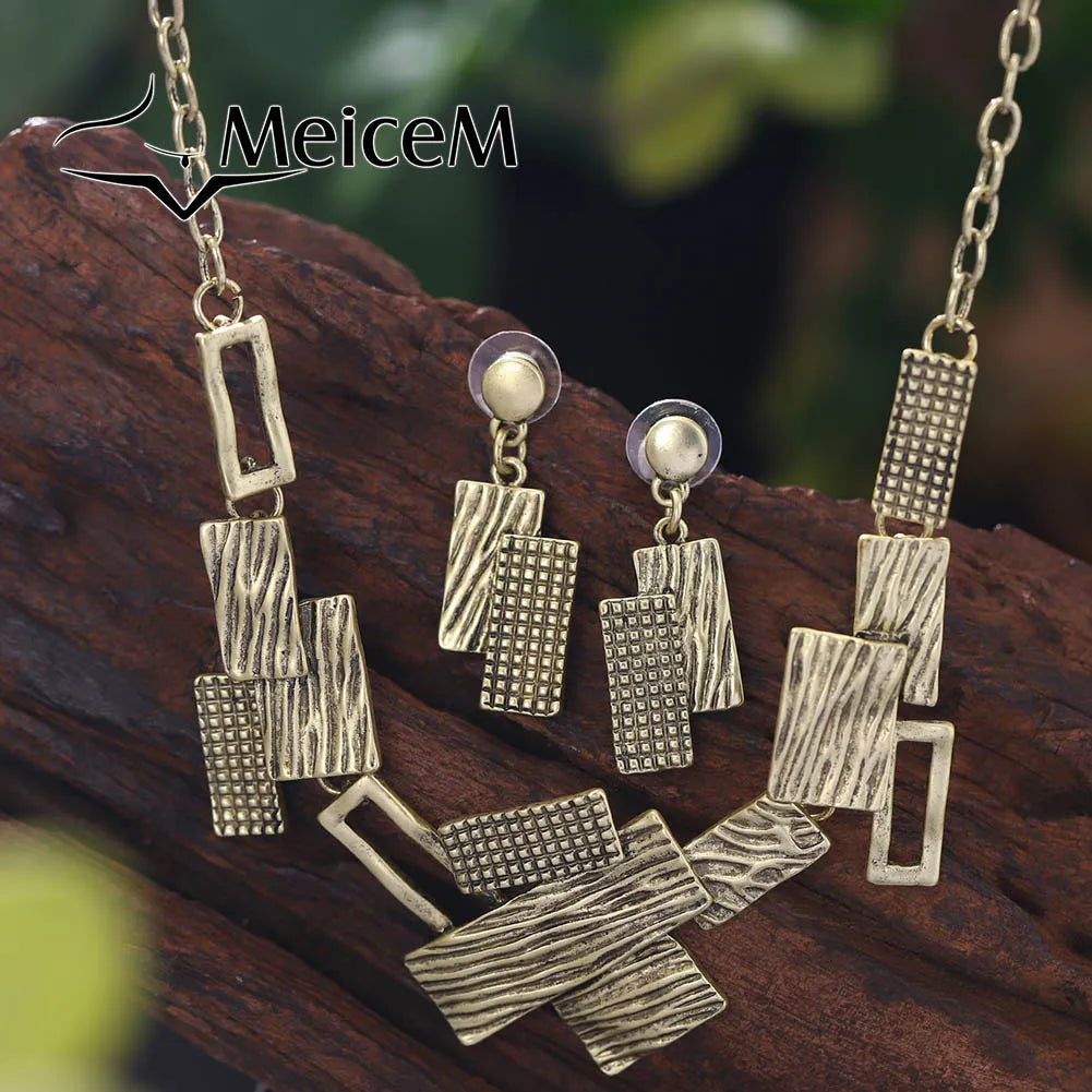 Jewelry Set Zinc Alloy Geometric Rectangular Cutout Patchwork Elegant Temperament Necklace Earrings Set For Women