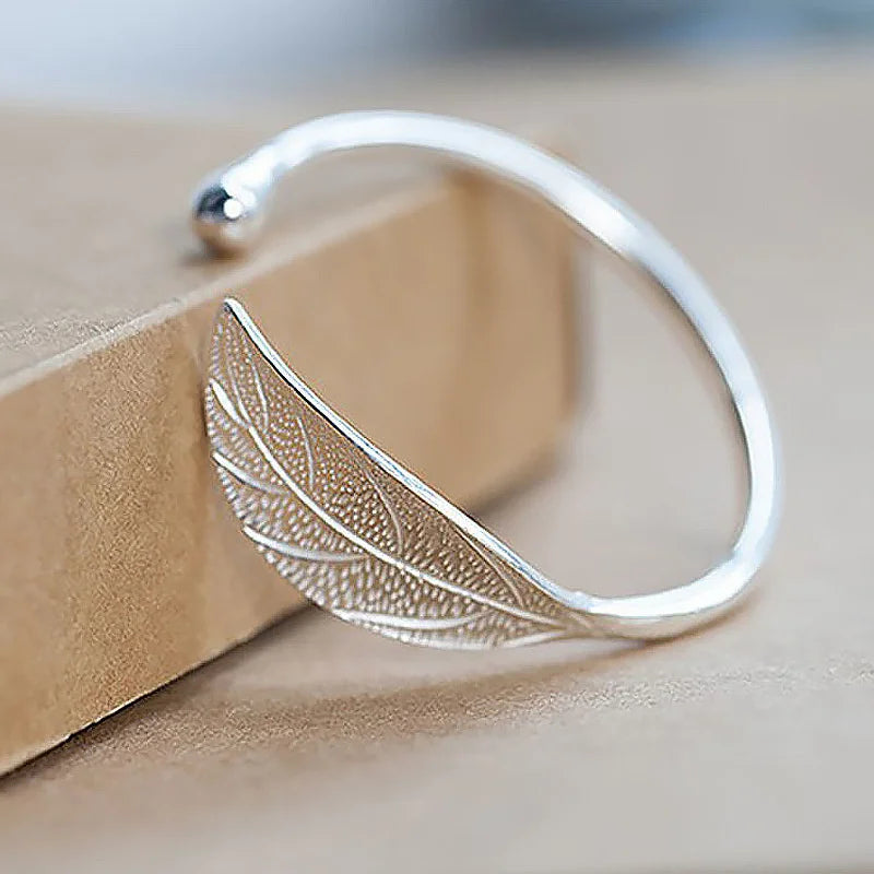 Fashion 925 Sterling Silver Woman Cuff Bracelet Open Leaf Shaped Adjustable Charm Bangle Girls Party Jewelry Christmas
