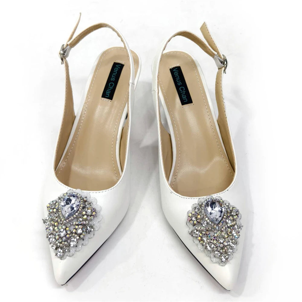 Venus Chan Wedding & Party Pointed Toe Women's Shoes High Heel White Color Rhinestones Party Ladies Shoes And Bag Set