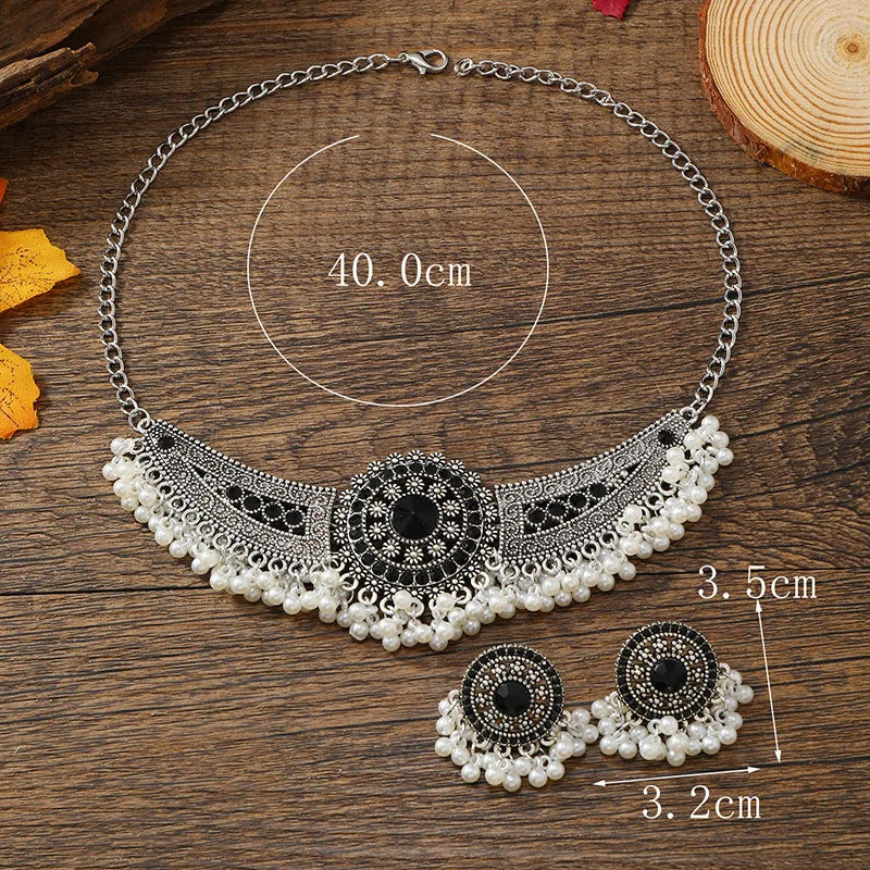 Black Crystal Choker Necklaces Earrings Jewelry Sets for Women Bohemian Ethnic Tribal Indian Style Party Pearls Jewelry Sets