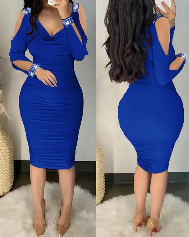 Fashion Sexy Rhinestone Decor Cold Shoulder Ruched Body con Long Sleeve Dress Midi Skinny Party women's dresses