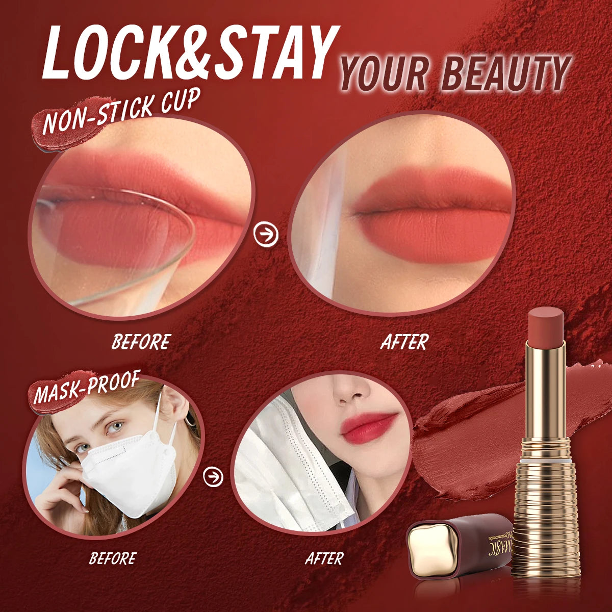 IMAGIC Lipstick Matte Long Lasting No-stick Lipstick Waterproof Makeup Lip Stick Smudge-free Classic Highly Pigmented Lip Tint