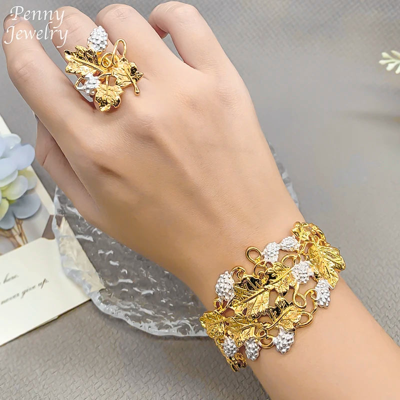 Women Nigerian Design 18K Gold Plated Jewelry Set Necklace Drop Earrings Bracelet Ring Trendy Bridal Wedding Party accessories
