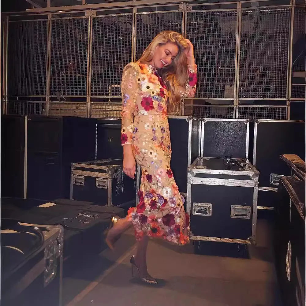 Spring Summer Round Neck Colorful dresses 3D Flower Embroidery Mesh Slim Fit Wrap Hip Fishtail Long lady Dress Lace woman skirt