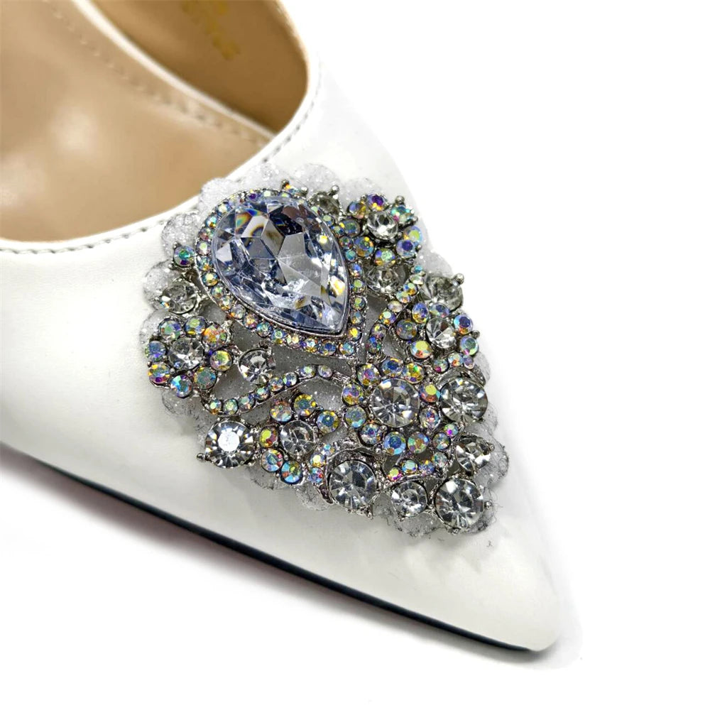 Venus Chan Wedding & Party Pointed Toe Women's Shoes High Heel White Color Rhinestones Party Ladies Shoes And Bag Set
