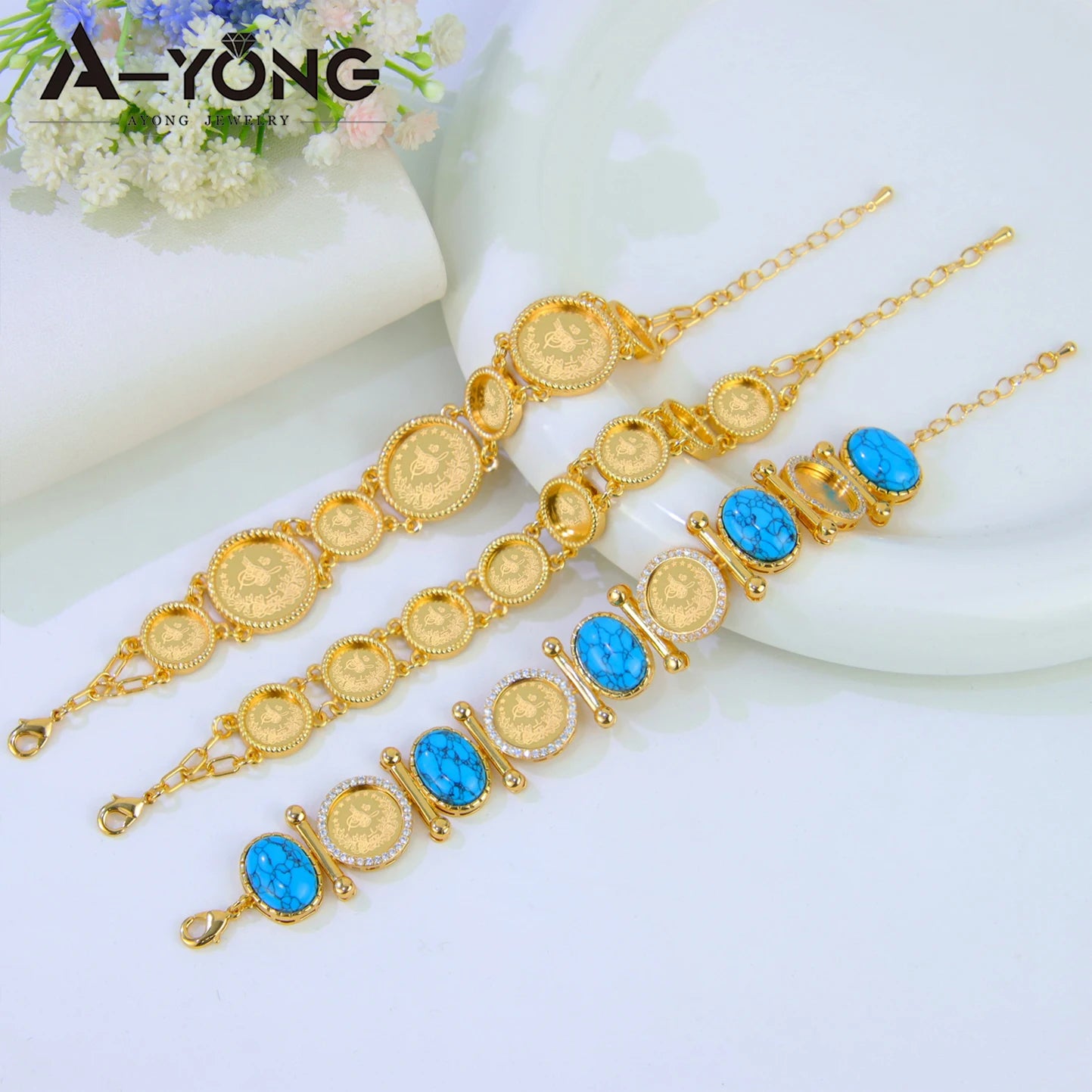 Luxury Arab Gold Color Coins Cuff Bracelet 21k Gold Plated Waterproof Turkish Coins Bangles Dubai Women Wedding Party Jewelry