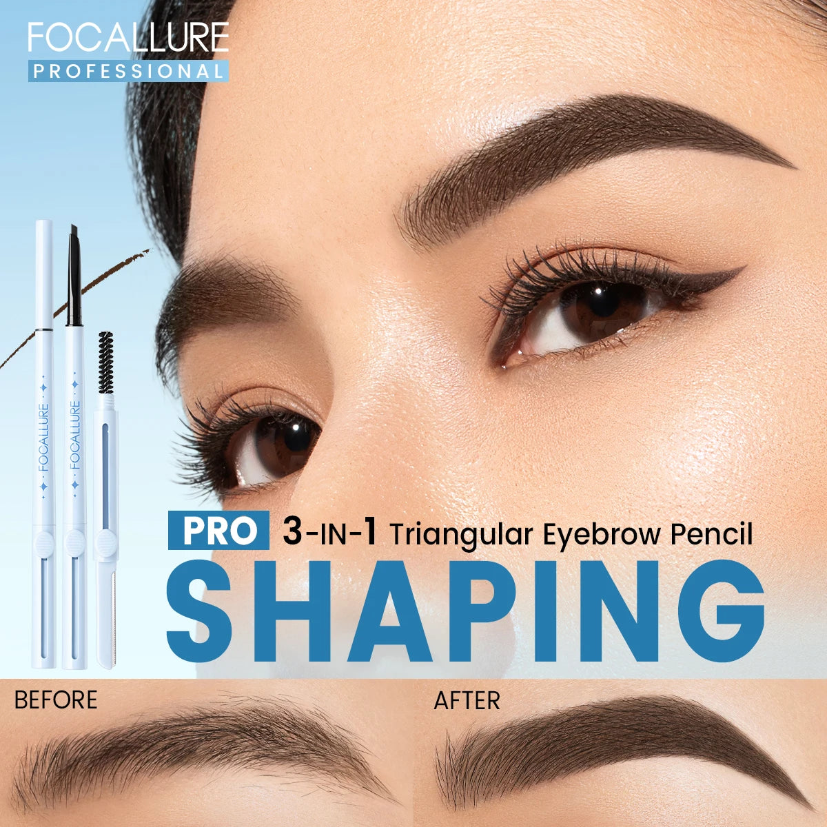 FOCALLURE Eyebrow Pencil Waterproof Long-lasting 3 In 1 Ultra Fine Triangle Eye Brow Makeup Cosmetics