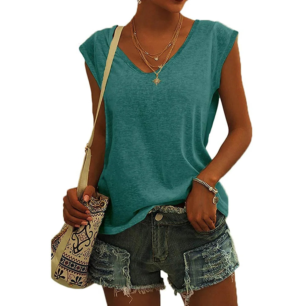 Summer Fashion Street V-neck T-shirts Women Fitness Tank Top Camisole Solid Color Breathable Cool Vest Tops Female Clothing