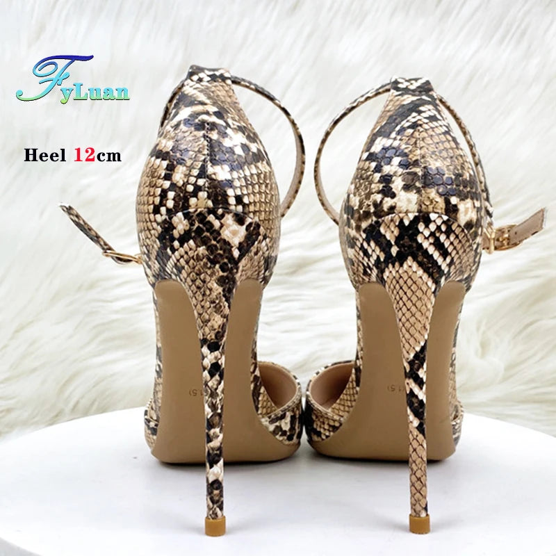 New 8cm 10cm 12cm Women High Heeled Sandals Brown Snake Print Thin Heel Stiletto Valentine's Day Evening Party Pointed Toe Shoes