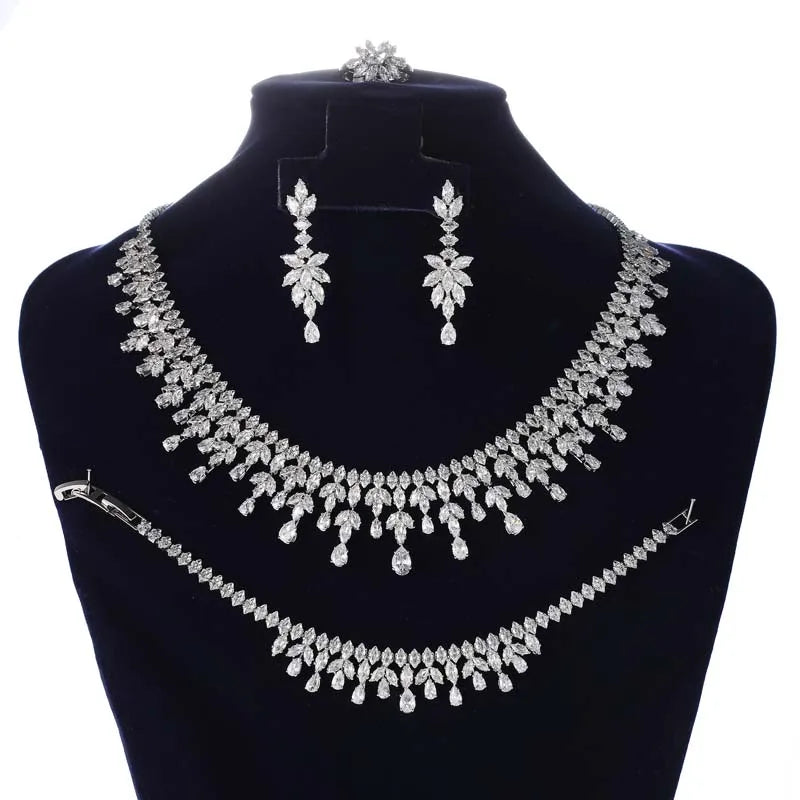 Jewelry Set HADIYANA Cubic Zircon Women Water-drop Jewelry Set Necklace Bracelet Earrings And Ring Birthday Gift