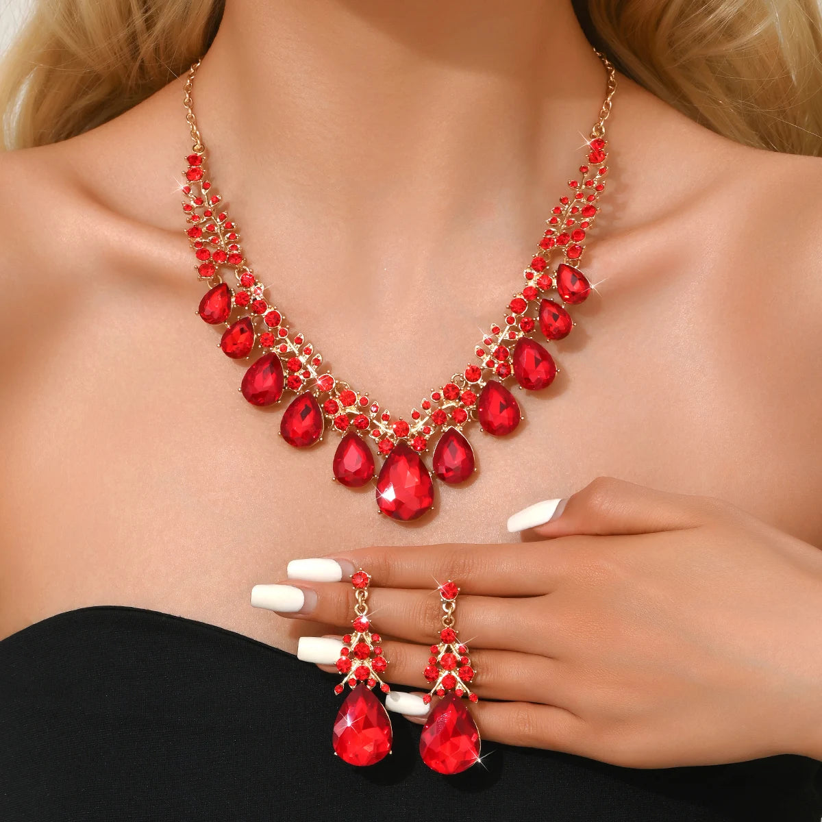 3PC Women's Fashion Trendy Charm Crystal Water Drop Necklace Earrings Jewelry Set for Wedding and Party