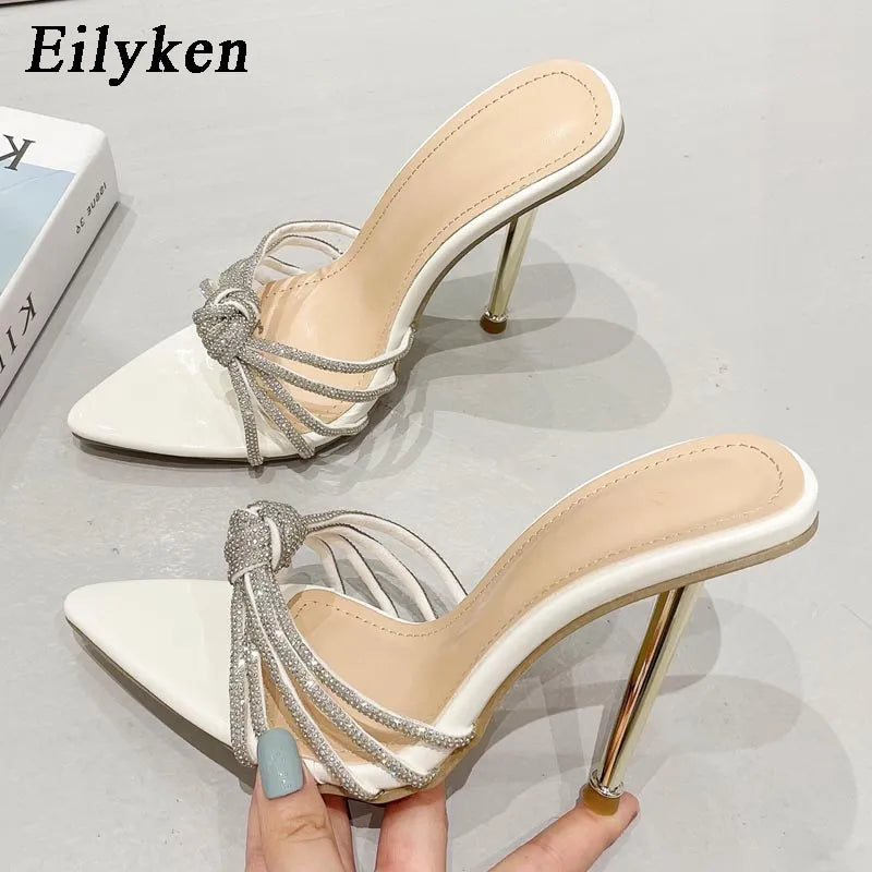 Eilyken Sexy High Heels Slipper For Women Summer Fashion CRYSTAL Narrow Band Pointed Toe Slides Stripper Party Sandal