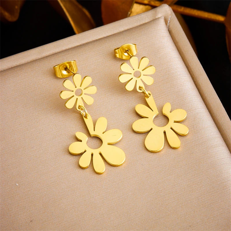 DIEYURO 316L Stainless Steel Snake Flower Round Drop Earrings For Women Fashion 2-Color Ear Jewelry Holiday