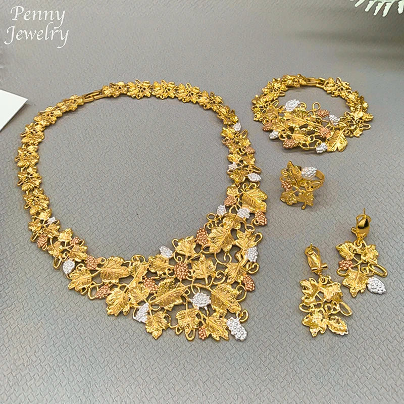 Women Nigerian Design 18K Gold Plated Jewelry Set Necklace Drop Earrings Bracelet Ring Trendy Bridal Wedding Party accessories