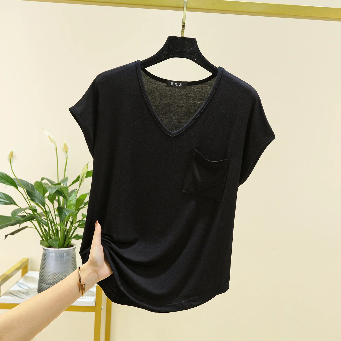 Summer Thin Tshirts V-Neck short sleeves Women Modal Loose T-Shirt with pocket Solid color Plus size Basic Tee Tops