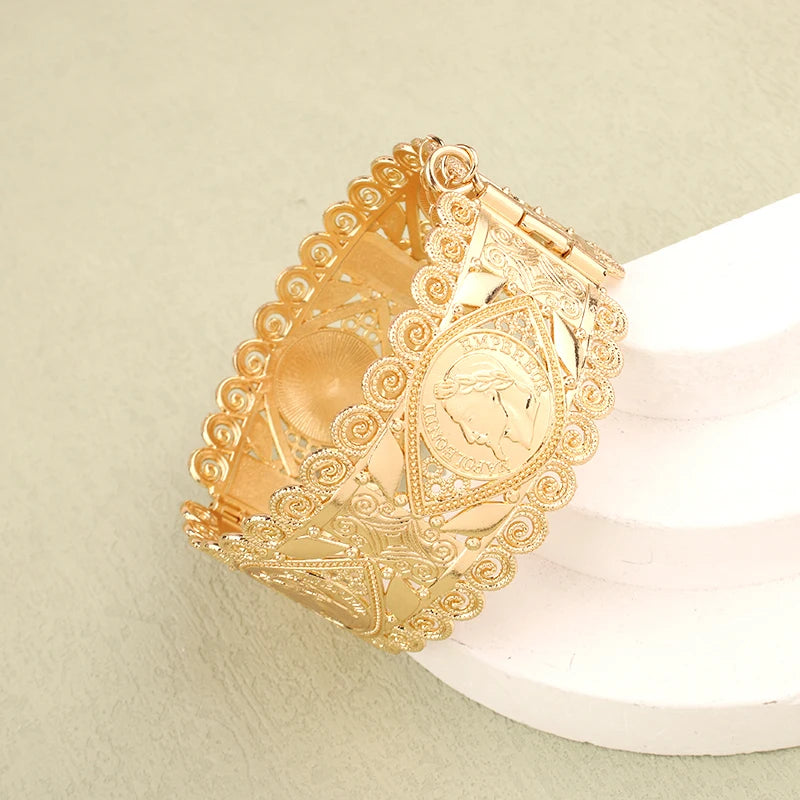 Dicai Algeria Wedding Jewelry Set Gold Plated Pendant Necklace French Coin Bracelet Ladies Necklace Slide Chain Woman Fashion