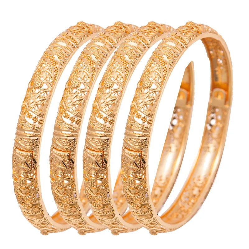 4Pcs Set 24K Dubai Bangle Women Gold Color Jewelry Copper 18 k GF Dubai Bracelet for Women for Occasions wedding bridal
